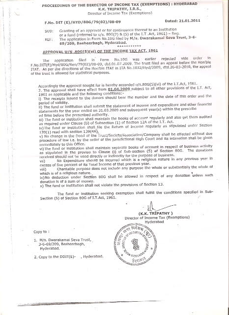 80 G Order Dwaraka Mai Seva Trust Certificates